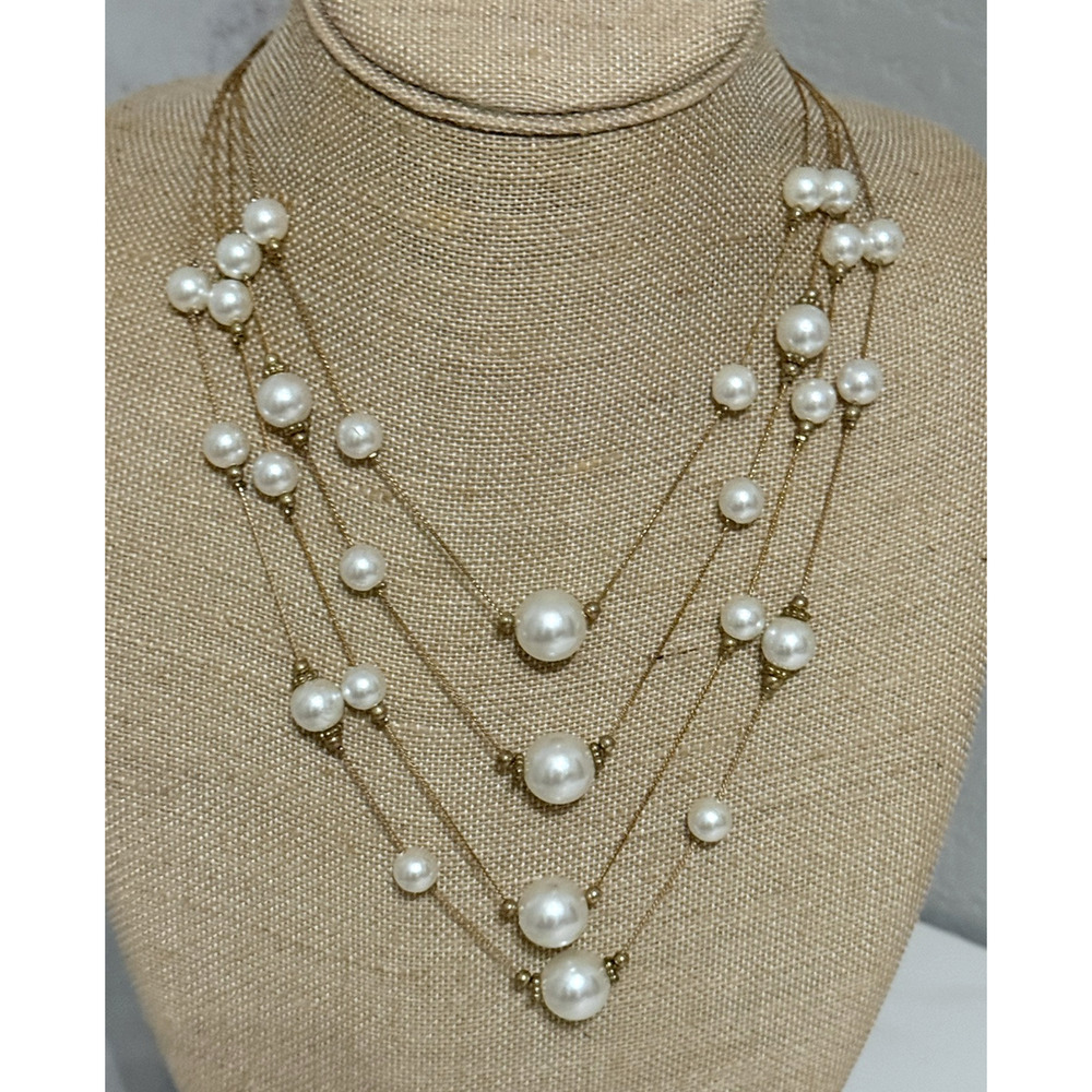 Vintage Gold Tone Faux Pearl Layered Necklace Beauty Necklace Adjustable Chain
